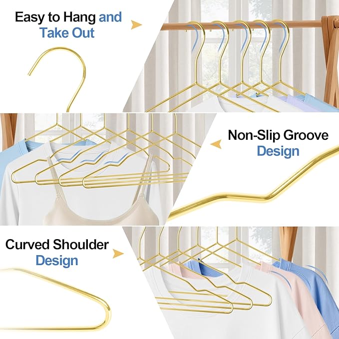 Gold Metal Hangers, 30 Pack Wire Clothes Hangers Bulk with Non-Slip Notches, Heavy Duty, Ultra Thin Space Saving, Standard Size for Coat, Suit, Dress, Shirt, Pants