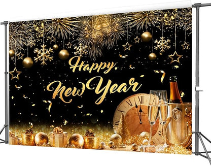 CHAIYA 7X5ft 2026 Happy New Year Party Backdrop Fabric Sign Poster Banner with Pattern Firework for New Year Party Decoration Photo Props Background Supplies