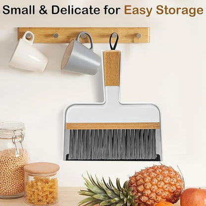 THINKLEARN Mini Dustpan and Brush Set, Portable Broom and Dustpan Combo Set with Bamboo Handle and Soft Rubber Lip, Compact Cleaning Tool for Kids, Car, Desk, Pet, Camping