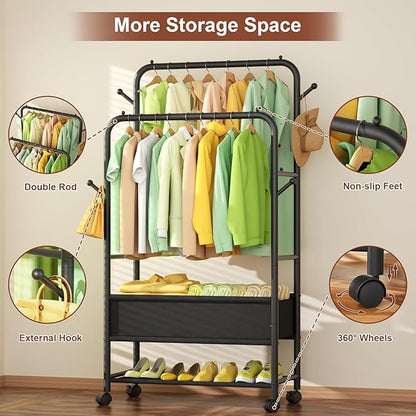 Clothing Racks for Hanging Clothes, Portable Clothing Rack with Wheels Rolling Clothes Racks, Black Garment Racks-Storage Box