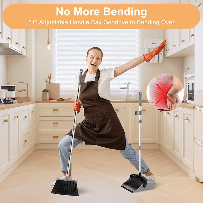 Broom and Dustpan Set, 51'' Broom with Dustpan Combo Set, Large Standing Dustpans Long Handle, Brooms and Dustpans for Restaurant Garage Floor Lobby Pet Hair Indoor Outdoor - Grey and Black