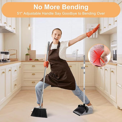 Broom and Dustpan Set, 51'' Broom with Dustpan Combo Set, Large Standing Dustpans Long Handle, Brooms and Dustpans for Restaurant Garage Floor Lobby Pet Hair Indoor Outdoor - Grey and Black