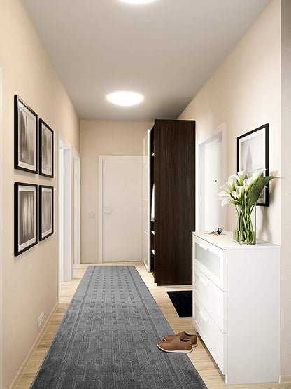 14 FT Long Non-Slip Washable Carpet Runner Rug with Rubber Backing, 26" X 14' Custom Size Floor Mat for Kitchen Hallway Stairs Bedroom Bathroom Entryway, Labyrinth Grey, Your Choice of Length