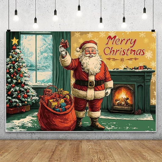 YongFoto Retro Merry Christmas Backdrop 12x10ft Santa's Home Christmas Tree Fireplace Photography Background Happy New Year Xmas Eve Family Party Banner Room Decor Photoshoot Wallpaper Photo Booth
