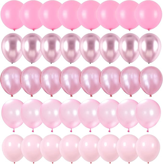 Pink Balloons Set, 60 Packs 12 Inch Metallic Chrome Pink Pearl Macaron Light Pink Different Shades Balloons for Girl Women Birthday Decorations, Wedding, Christening, Baby Shower Party