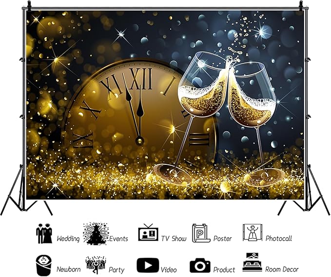Baocicco 5x3ft Happy New Year Backdrop Countdown Party Shining Champagne Wine Glasses Bokeh Halos Backdrop Vinyl Photography Background New Year Eve Christmas Eve Party Winter Holiday Festival