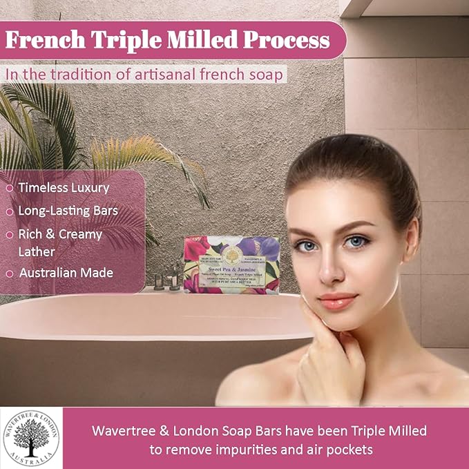Wavertree & London Sweet Pea & Jasmine Scented Natural Soap (8 Bars), 7oz Moisturizing French Triple Milled Soap Bars enriched with shea butter - Pure Plant Oil Bath & Body Bars for All Skin Types
