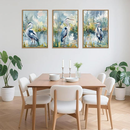 HLNIUC Great Blue Heron Wall Art Set of 3, Watercolor Coastal Bird Wall Decor(24x36), Wildlife Animal Illustrations Canvas Painting, Modern Boho Nature Avian Art Prints for Living Room,Bedroom, Office