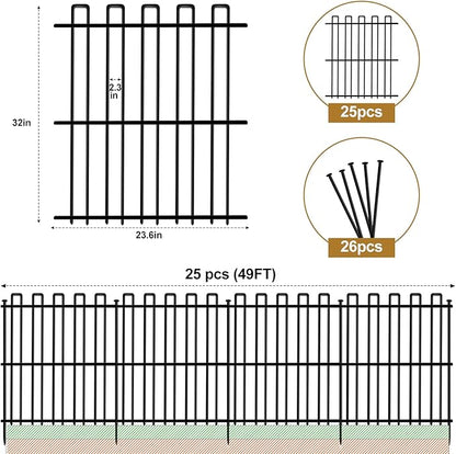 25 Panels No Dig Animal Barrier Fence, 32in(H) x 49ft(L) Garden Edging Border Fencing, Rustproof Metal Stakes Decorative Garden Fence, Dog Digging Defense Fencing Barrier for Outdoor, Yard, Patio