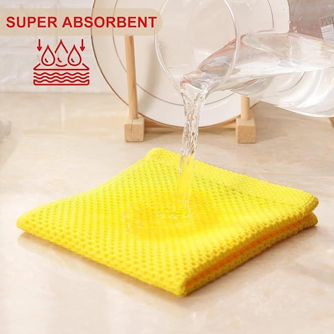 Kitinjoy 100% Cotton Kitchen Dish Cloths, 12 Pack Waffle Weave Ultra Soft Absorbent Dish Towels for Drying Dishes Quick Drying Kitchen Towels Dish Rags, 12 X 12 Inches, Yellow