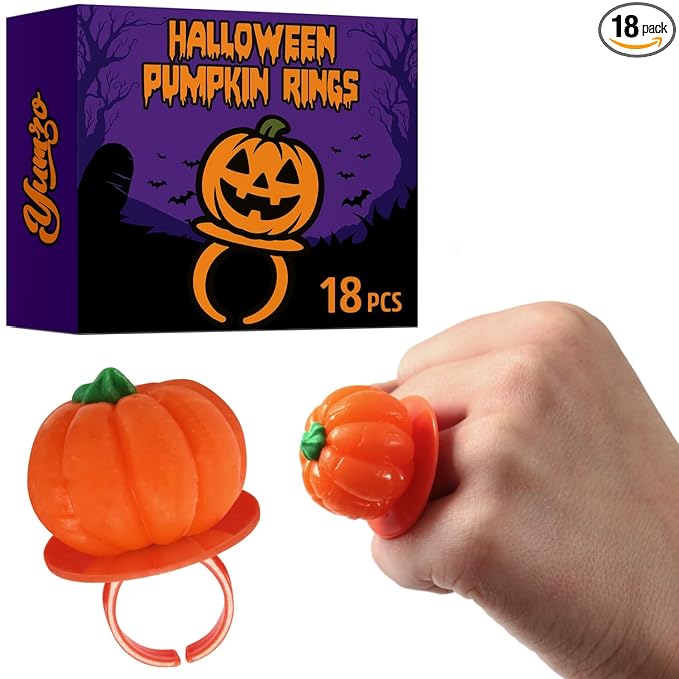 Halloween Candy Ring Pops, 18 Pieces of Halloween Hard Candy Individually Wrapped, Perfect Pumpkin Suckers for Trick or Treaters and Party Favors, Ideal Candy Rings for Sharing and Snacking