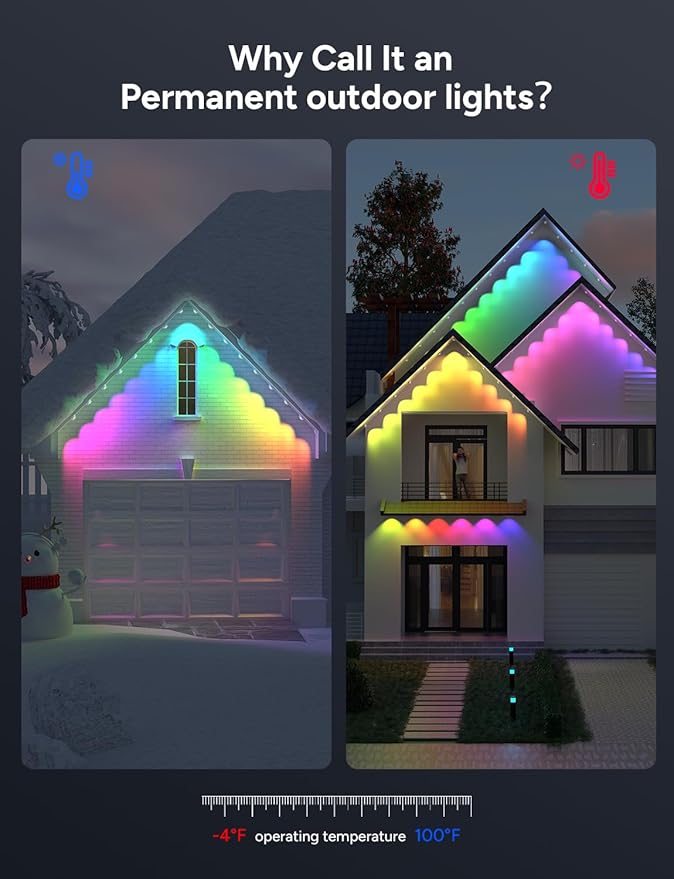 Permanent Outdoor Lights, 50ft with 30 RGB LED Lights for Daily and Accent Lighting, 49 Scene Modes+DIY for Outdoor Decor, IP66 Waterproof, Compatible with Alexa, Google Assistant