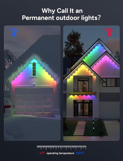 Permanent Outdoor Lights, 50ft with 30 RGB LED Lights for Daily and Accent Lighting, 49 Scene Modes+DIY for Outdoor Decor, IP66 Waterproof, Compatible with Alexa, Google Assistant