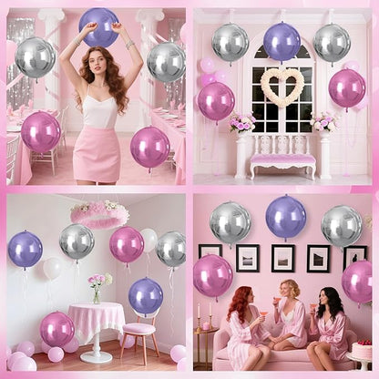 Pink Purple Silver Round Foil Balloons 9 pcs,Metallic Giant 4D Round Balloons 22 Inch for Birthday Baby Shower Wedding Princess Party Decorations