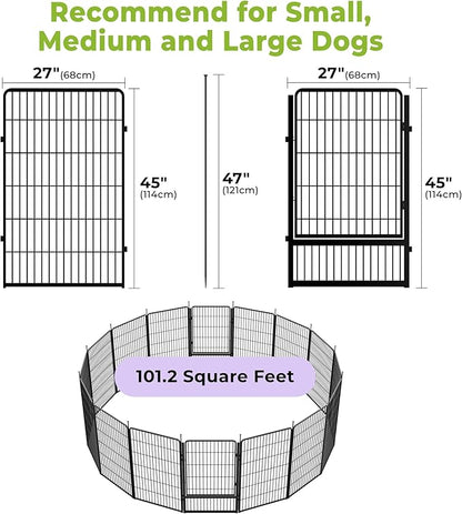 SunsGrove Dog Playpen Outdoor, Heavy Duty 45 Inch 16 Panels Dog Playpen for Large Dogs, Free and Safe Play Dog Fence Indoor, Black