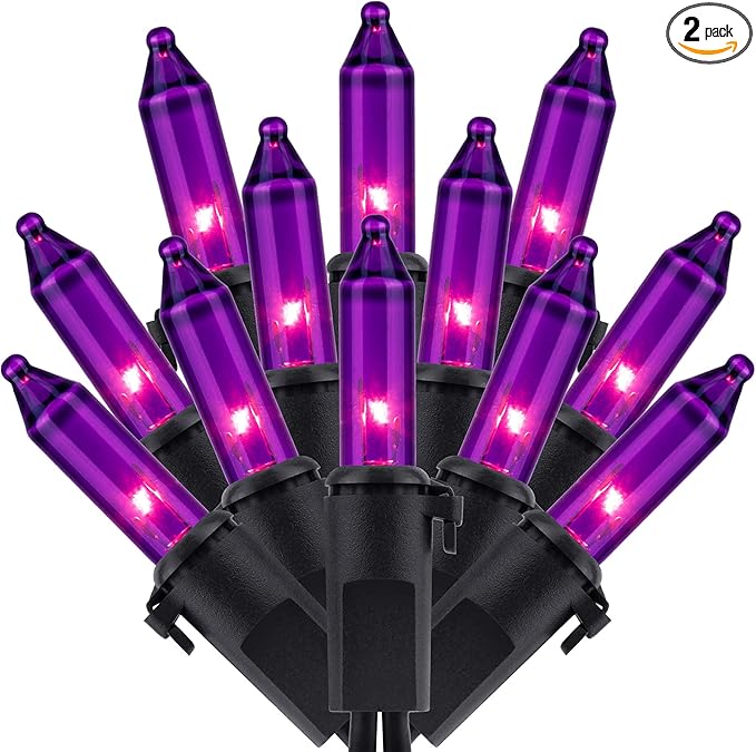 200 Count Purple Christmas Lights, Pack of 2 Strands 100 Count 33 ft Black Wire UL Listed Halloween String Light (Purple)