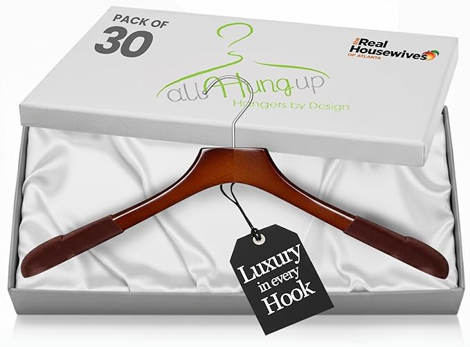 Premium Luxe Wood Coat Hangers, Wide Shoulder Wooden Jacket Hangers with Velvet Grip, Heavy Duty Luxury Hangers for Coats & Blazers, High Gloss Brown with Brown Velvet, 30 Pack