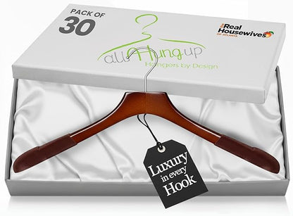Premium Luxe Wood Coat Hangers, Wide Shoulder Wooden Jacket Hangers with Velvet Grip, Heavy Duty Luxury Hangers for Coats & Blazers, High Gloss Brown with Brown Velvet, 30 Pack