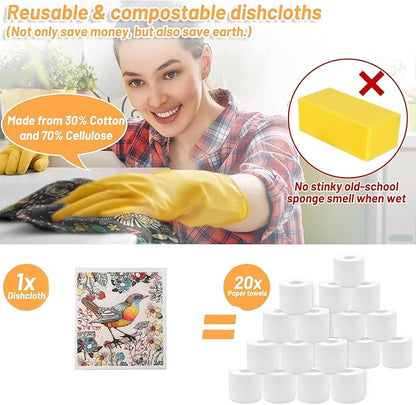 Swedish Dishcloths 6-Pack | Reusable Paper Towels Alternative | Super Absorbent & Biodegradable Kitchen Sponges & Cloths for Cleaning | 6 Vibrant Patterns (Floral and Bird Patterns)