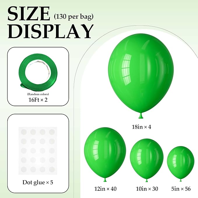 130PCS Green Balloons, Latex Balloons Different Sizes 18/12/10/5 Inch, Helium Balloons with Ribbon, Party Balloon Set for Birthday Wedding Graduation Anniversary Baby Shower Decorations.
