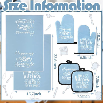 Sratte 6 Pcs Kitchen Decor Accessories Set Farmhouse Towels Pot Holders Oven Mitts Set 2 Dish Towels 2 Potholders 2 Cooking Mittens Oven Glove for Christmas Baking Cooking Supply(Light Blue,Kitchen)