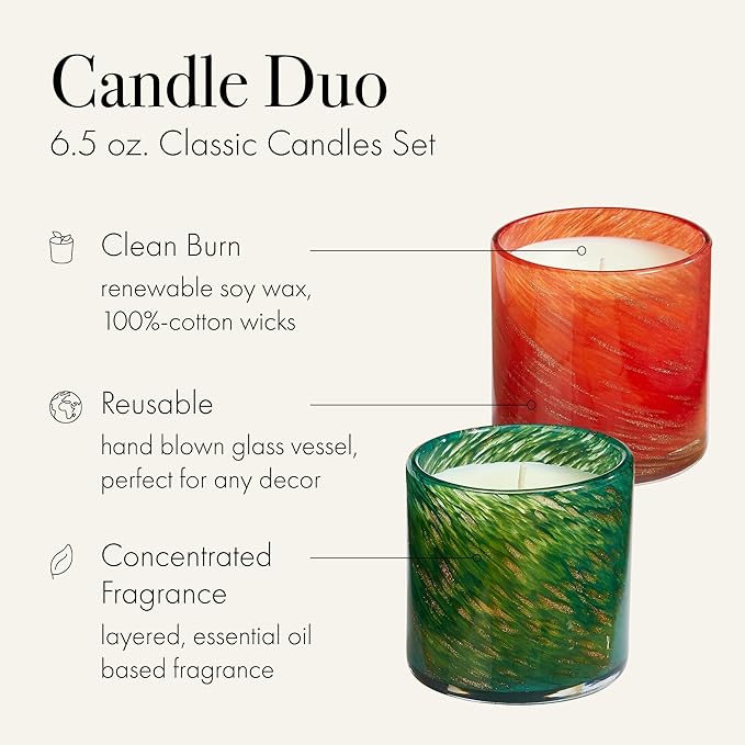 LAFCO New York Holiday Classic Candle Duo - 6.5 oz Each - Includes Absinthe Plum & Woodland Spruce - 100-Hour Burn Time - Reusable, Hand Blown Glass Vessels - Made in The USA