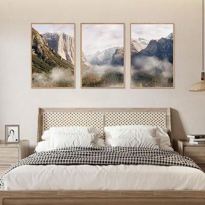 HLNIUC Framed National Park Wall Art Set, Rocky Mountain Grand Canyon Yosemite Wall Decor, Misty Forest Wall Painting, Nature Landscape Canvas Art Prints for Living Room, Bedroom, Office - 16"x24"x3