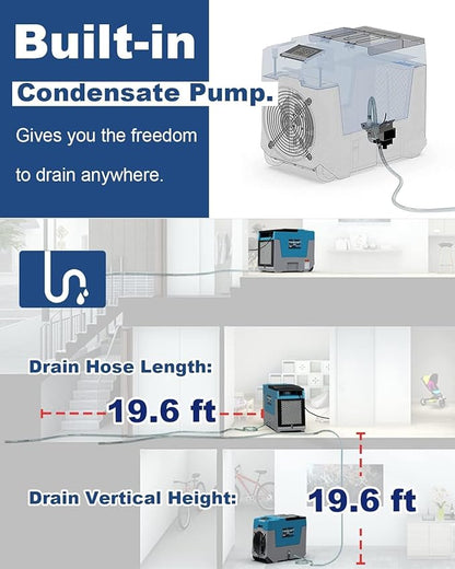 AlorAir 180 PPD LGR Commercial Dehumidifier with Pump, Heavy Duty Industrial Dehumidifiers Water Damage Restoration for Homes, Basements, Garages, Gym and Job Sites, Winter Storm (Blue)