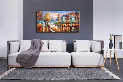 Alenoss Modern Oil Paintings 48x24 Inches Paris Eiffel Tower Landscape Large Canvas Wall Art Abstract Paintings for Living Room Bedroom Office Wall Decor Ready to Hang