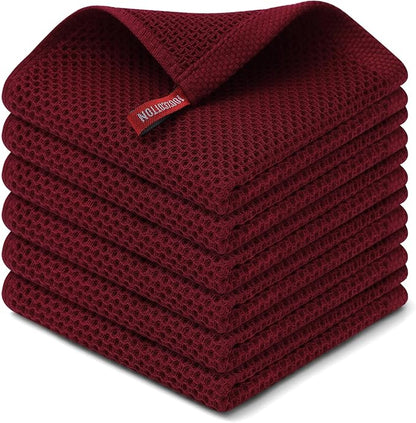 Kitinjoy 100% Cotton Kitchen Dish Cloths, 6 Pack Waffle Weave Ultra Soft Absorbent Dish Towels for Drying Dishes Quick Drying Kitchen Towels Dish Rags, 12 X 12 Inches, Burgundy