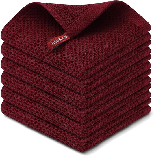 Kitinjoy 100% Cotton Kitchen Dish Cloths, 6 Pack Waffle Weave Ultra Soft Absorbent Dish Towels for Drying Dishes Quick Drying Kitchen Towels Dish Rags, 12 X 12 Inches, Burgundy