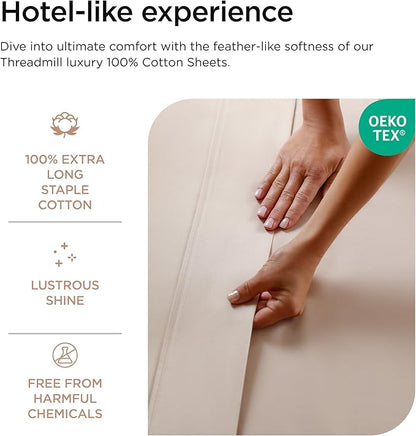 Threadmill 100% Cotton Sheets for Twin Size Bed - 600 Thread Count Twin Bed Sheets Set with 15” Deep Pocket - Sateen Weave 3-Piece Bedding Set with Cooling Effect, Beige