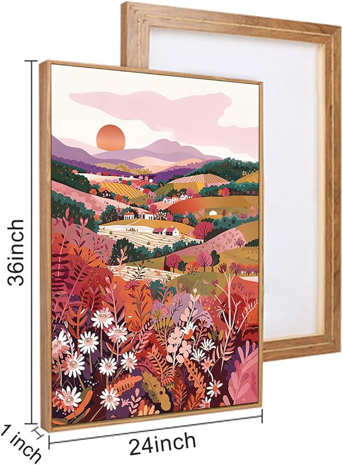 HLNIUC Boho Colorful Wall Art, Floral Mountain Framed Decor(24"x36"), Abstract Wildflower Nature 3 Piece Canvas Painting, Botanical Sunset Forest Art Print for Living Room, Bedroom, Office