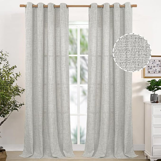 YoungsTex Light Grey Linen Curtains 90 Inch Length for Living Room, Textured Semi Sheer Window Treatments Light Filtering with Bronze Grommet for Sliding Door Dining Bedroom, 2 Panels, 52 X 90 Inch