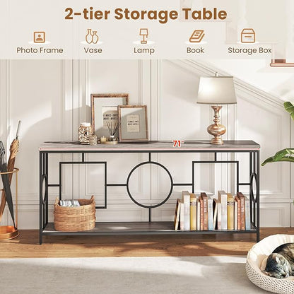 GOFLAME 71” Extra Long Console Table, 2-Tier Faux Wood Entryway Table with Storage Shelf, Geometric Metal Frame, Industrial Accent Table, Narrow Sofa Table for Living Room, Hallway