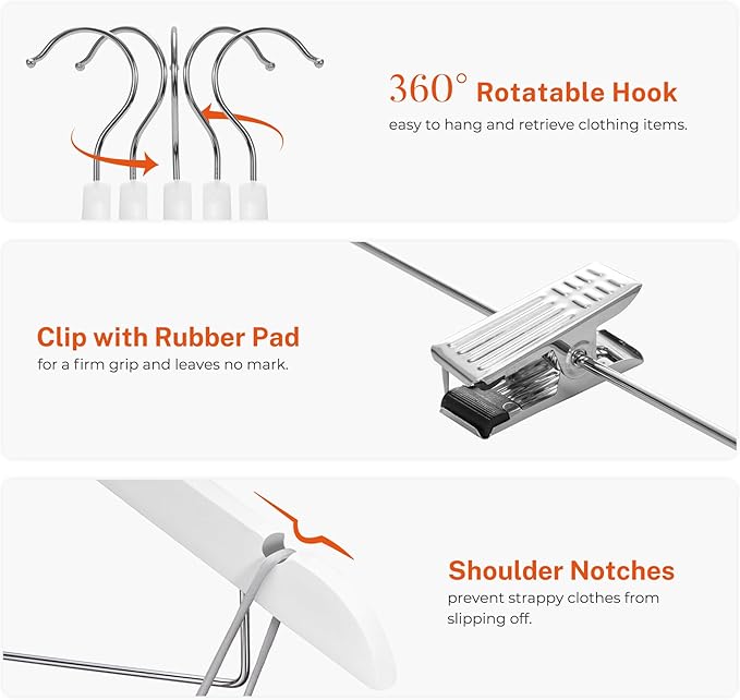 HOUSE DAY Wooden Hangers with Clips 24 Pack, Wood Clothes Hangers Smooth Finish Wooden Hanger Premium Wood Hanger for Clothes Suit, White