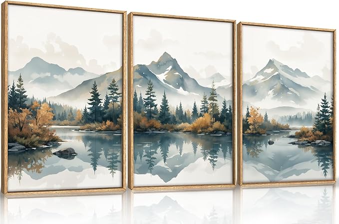 HLNIUC White Foggy Forest Mountain Wall Art Framed,Large Misty Watercolor Pine Tree Wall Decor set of 3 (24"x36"), Nature Lake Landscape Canvas Painting for Living Room, Bedroom, Office