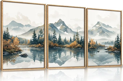 HLNIUC White Foggy Forest Mountain Wall Art Framed,Large Misty Watercolor Pine Tree Wall Decor set of 3 (16"x24"), Nature Lake Landscape Canvas Painting for Living Room, Bedroom, Office