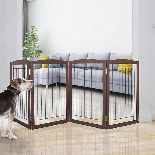 ZJSF Freestanding Foldable Dog Gate for House Extra Wide Wooden Brown Puppy Gate Stairs Dog Gates Doorways Tall Pet Gate 32 "Height 4 Panels Pet Fence