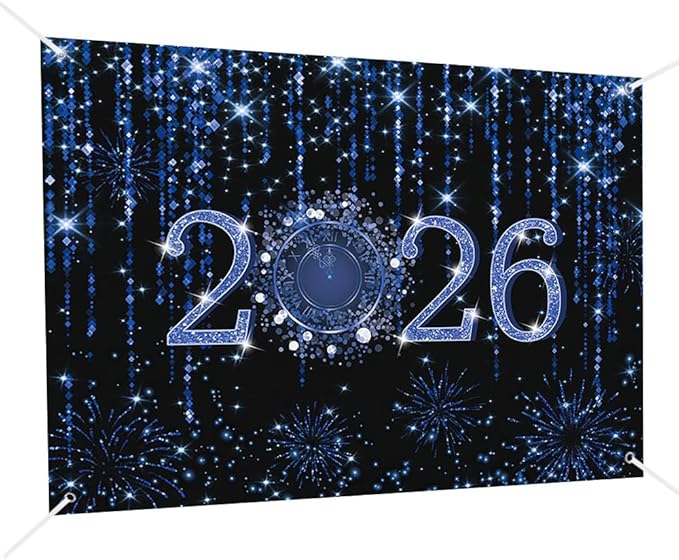 MEHOFOND 7x5ft Black and Blue 2026 New Year Backdrop Cheers to 2026 Photography Background Hello 2026 Dripping Glitter Dots Fireworks Clock Decor Time to 2026 New Year Eve Cake Smash Photo Props