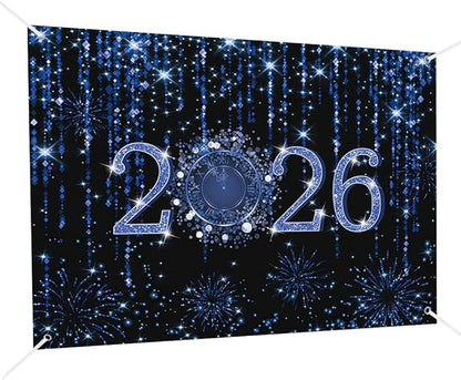 MEHOFOND 7x5ft Black and Blue 2026 New Year Backdrop Cheers to 2026 Photography Background Hello 2026 Dripping Glitter Dots Fireworks Clock Decor Time to 2026 New Year Eve Cake Smash Photo Props