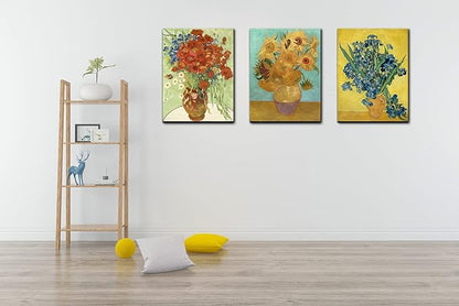 3 Piece Sunflowers- Irises Flower Vase Vincent Van Gogh Paintings, Classic Canvas Prints Wall Art for Home Decor 16"x24"