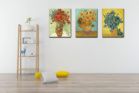 3 Piece Sunflowers- Irises Flower Vase Vincent Van Gogh Paintings, Classic Canvas Prints Wall Art for Home Decor 16"x24"