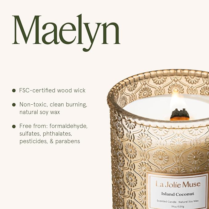 LA JOLIE MUSE Vanilla Coconut Candle, 19 oz Wood Wicked Candles for Home Scented, Natural Soy Wax, Large Glass Jar Candle, 90 Hours Long Burning, Island Coconut