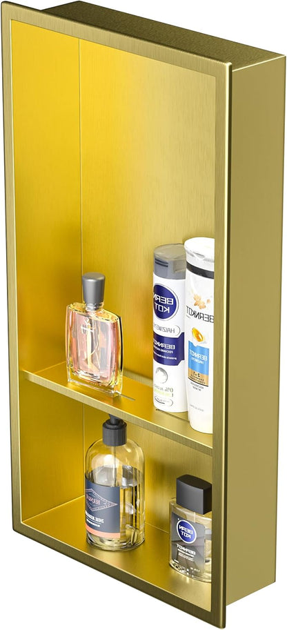 Stainless Steel Shower Niche 12" X 24" Gold with Double Shelves No Tile Needed Niche Shower for Bathroom Storage Recessed Shower Shelf Over Mount Installation