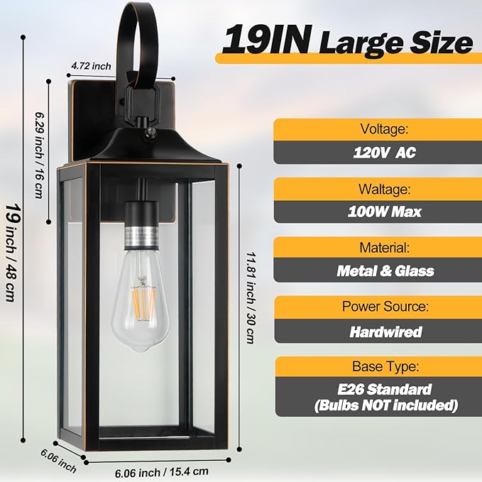 19" Dusk to Dawn Outdoor Lighting 2 Pack, Large Dusk to Dawn Outdoor Wall Lights, Black Sensor Porch Lights Outdoor Exterior Lighting Fixtures Wall Mount for House Garage -with Gold Trim