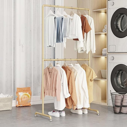 Industrial Pipe Clothing Rack, Heavy Duty Metal Clothes Rack with Double Rods, Freestanding Garment Rack for Bedroom Boutique Retail Use (gold)