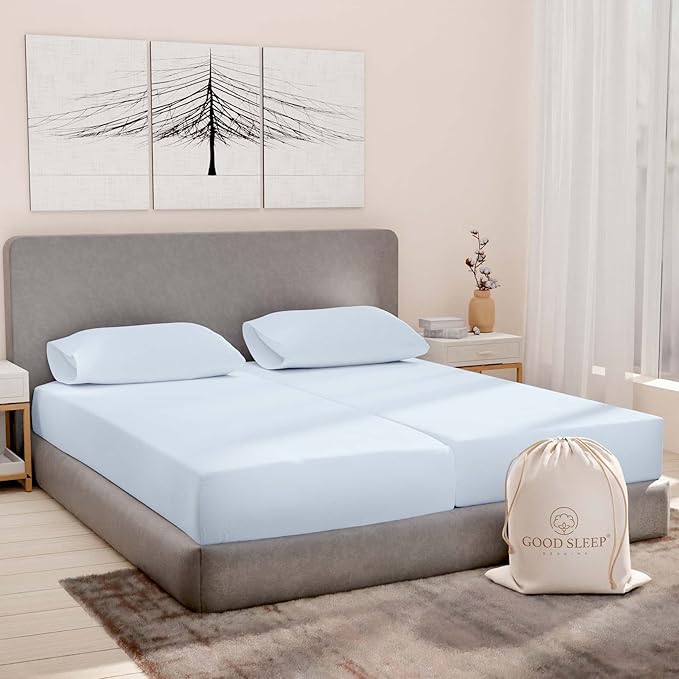 Split King Sheets Sets for Adjustable Bed Cotton, Luxury Sheets, 1000 TC Egyptian Cotton, 5 Piece 100% Cotton Split King Sheet Set, Sateen Weave, 2 Fitted - 16" Deep Pocket, Light Blue