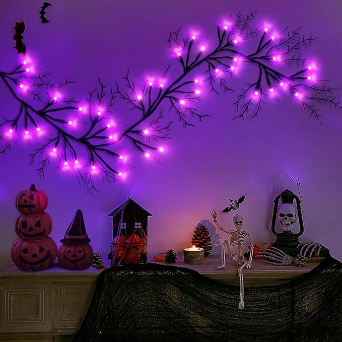 9 Ft 54 LED Halloween Willow Vine Twig Decor Garland Waterproof Battery Operated Halloween Decorations for Home Wall Mantle Fireplace Decor