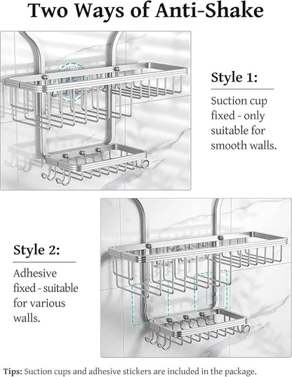 YASONIC Shower Caddy Hanging - Never Rust Shower Organizer - Aluminum Over The Head Caddy with 10 Hooks for Razor/Sponge - Rack with Soap Basket - Silver